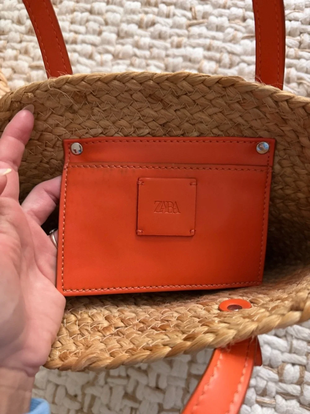 Zara Straw Tote with Bright Orange Trim and Handles - Picture 12 of 16